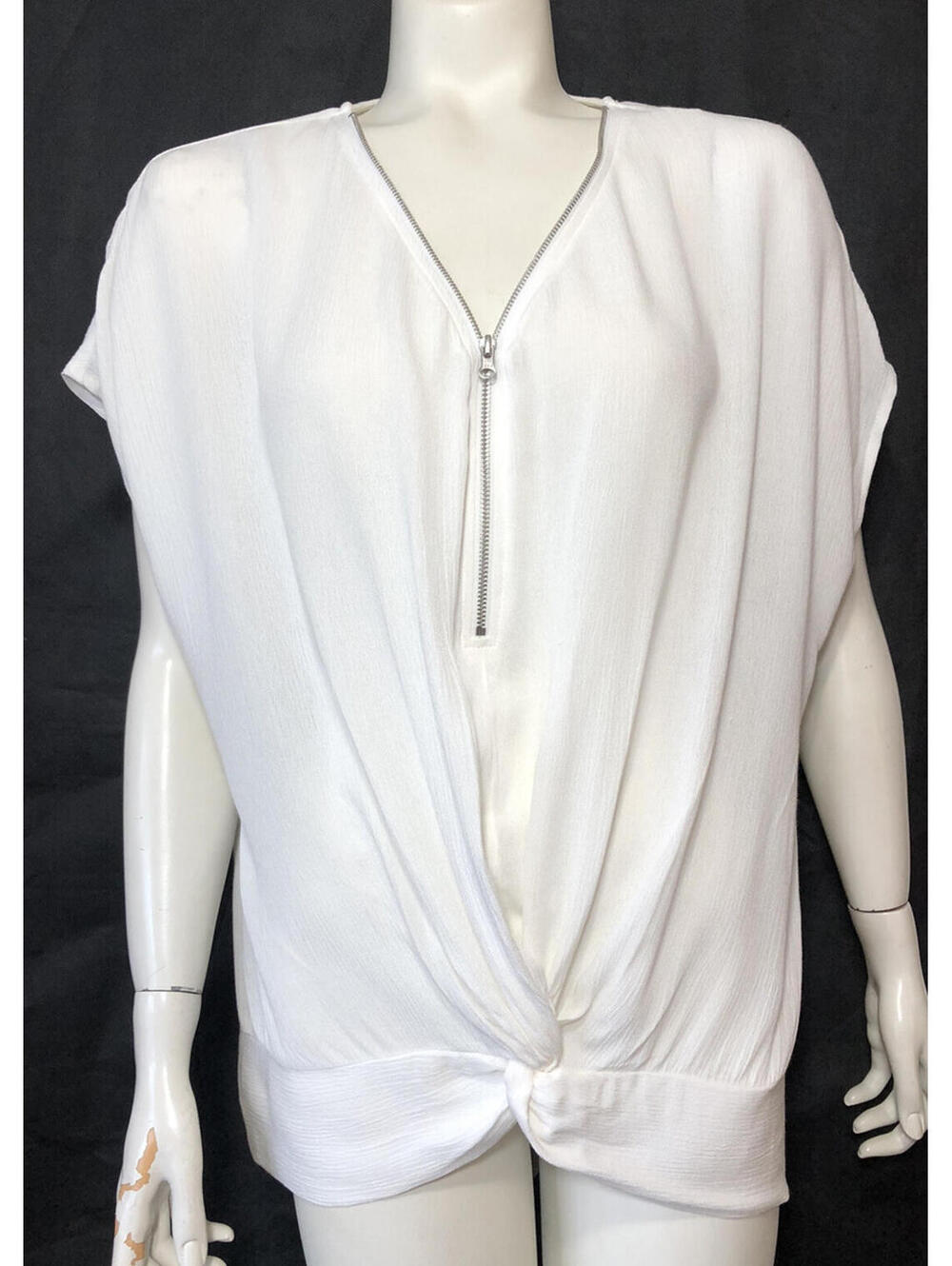 Lily White Womens Large White Cap Sleeve Top Exposed Zipper Twisted Front Hem